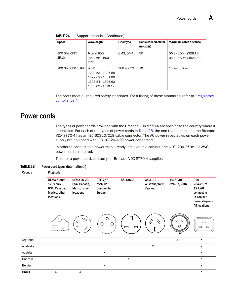 Power cords, Table 25 | Brocade VDX 8770-4 Hardware Reference Manual User Manual | Page 107 / 132