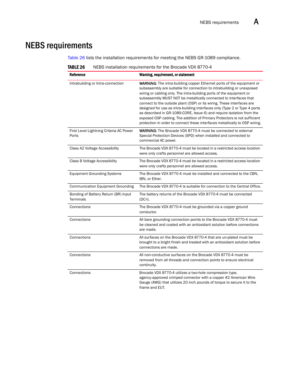 Nebs requirements, Table 26 | Brocade VDX 8770-4 Hardware Reference Manual User Manual | Page 111 / 132