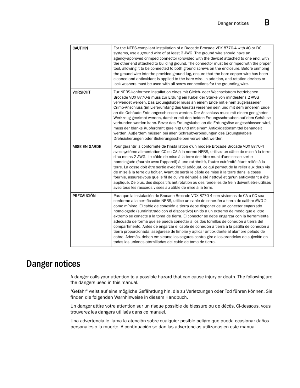 Danger notices | Brocade VDX 8770-4 Hardware Reference Manual User Manual | Page 123 / 132