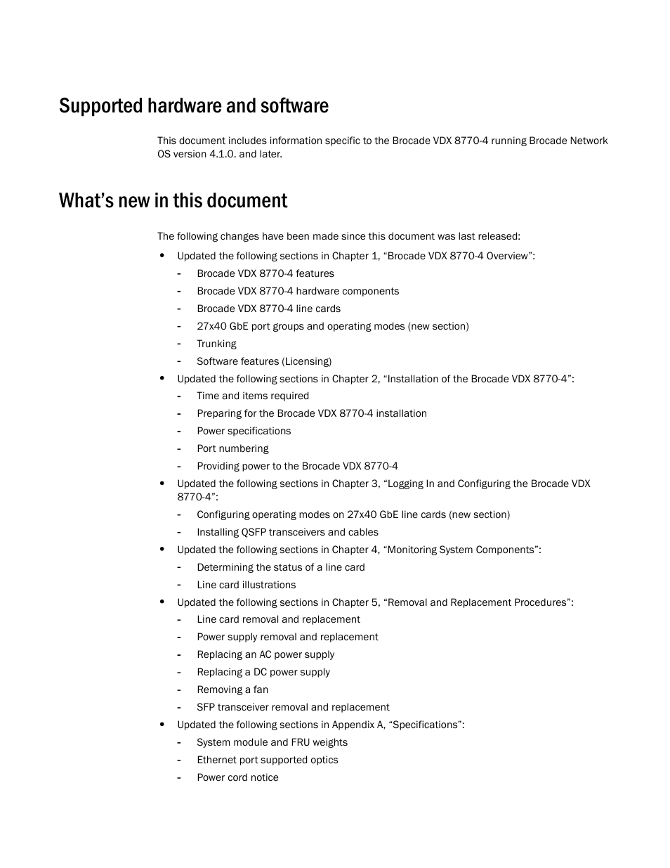 Supported hardware and software, What’s new in this document | Brocade VDX 8770-4 Hardware Reference Manual User Manual | Page 14 / 132