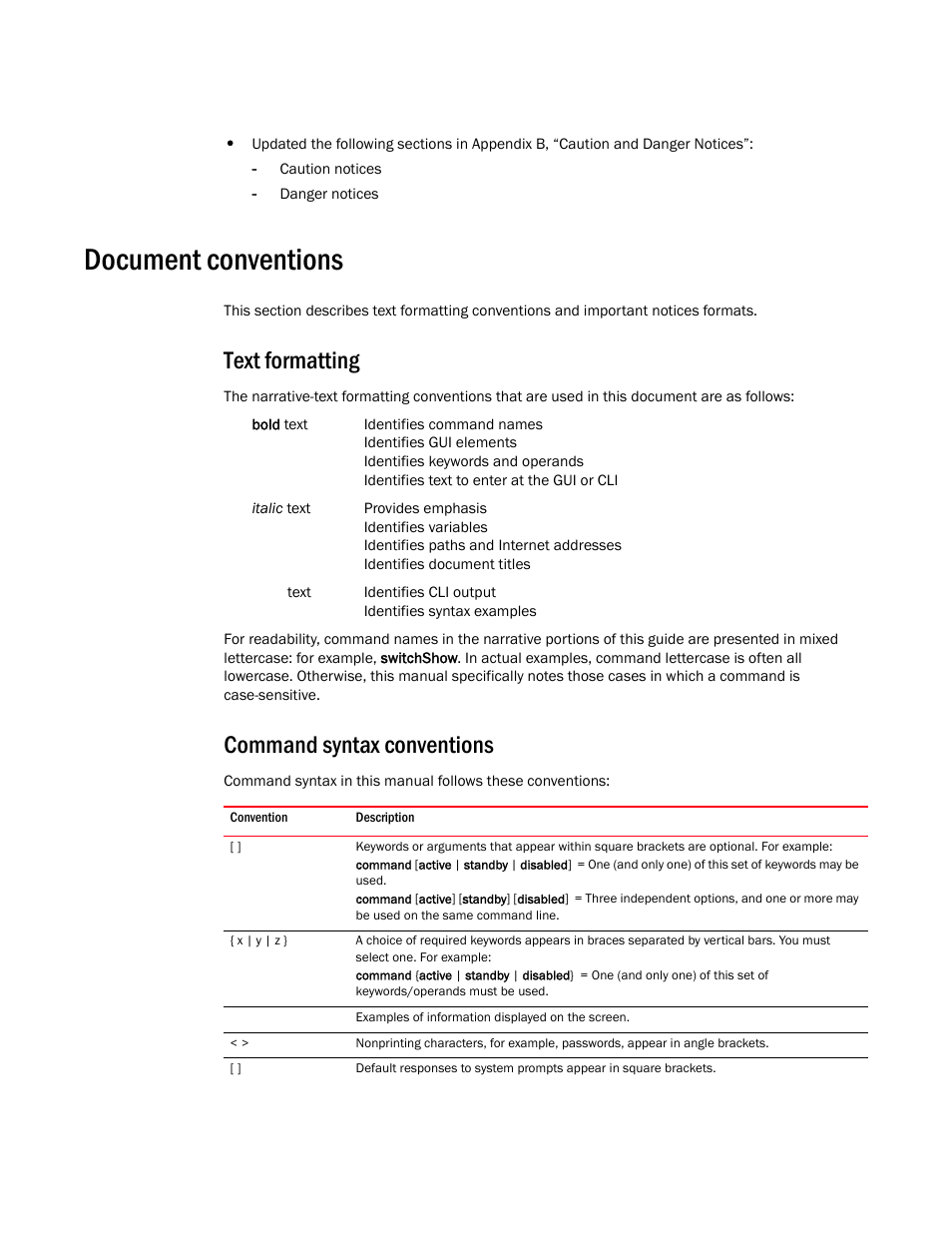 Document conventions, Text formatting, Command syntax conventions | Brocade VDX 8770-4 Hardware Reference Manual User Manual | Page 15 / 132