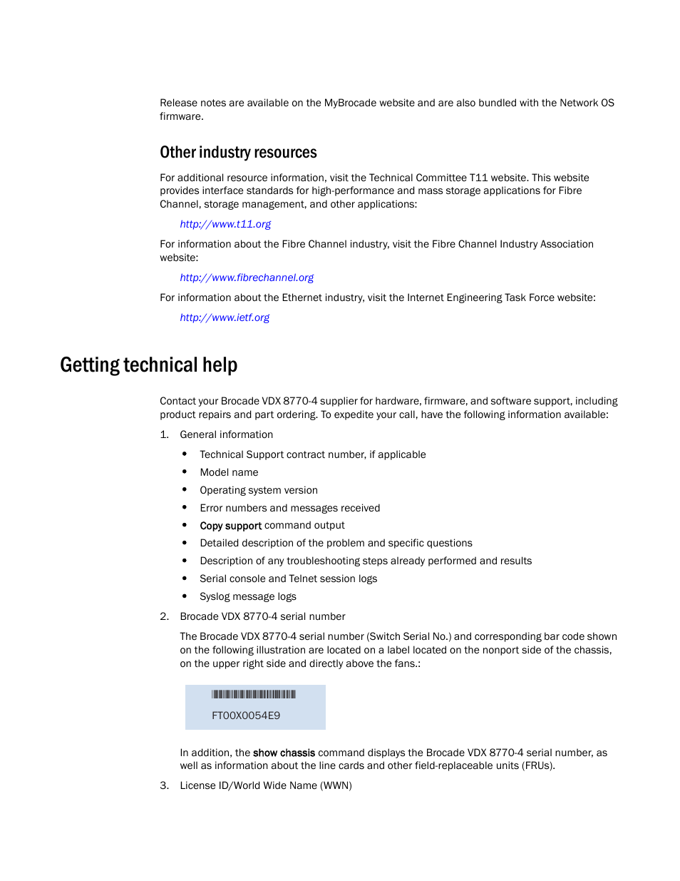 Getting technical help, Other industry resources | Brocade VDX 8770-4 Hardware Reference Manual User Manual | Page 18 / 132