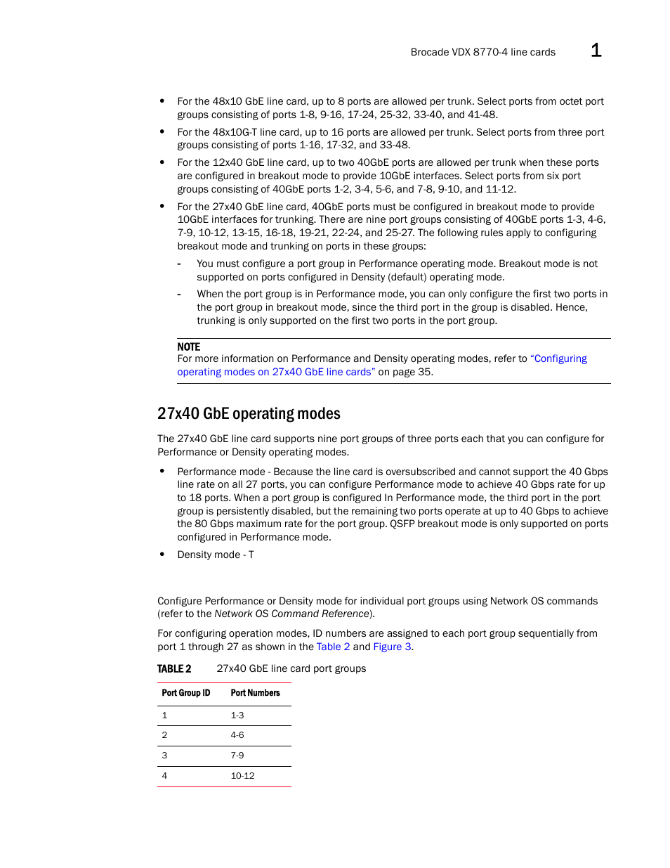 27x40 gbe operating modes, Table 2 | Brocade VDX 8770-4 Hardware Reference Manual User Manual | Page 27 / 132
