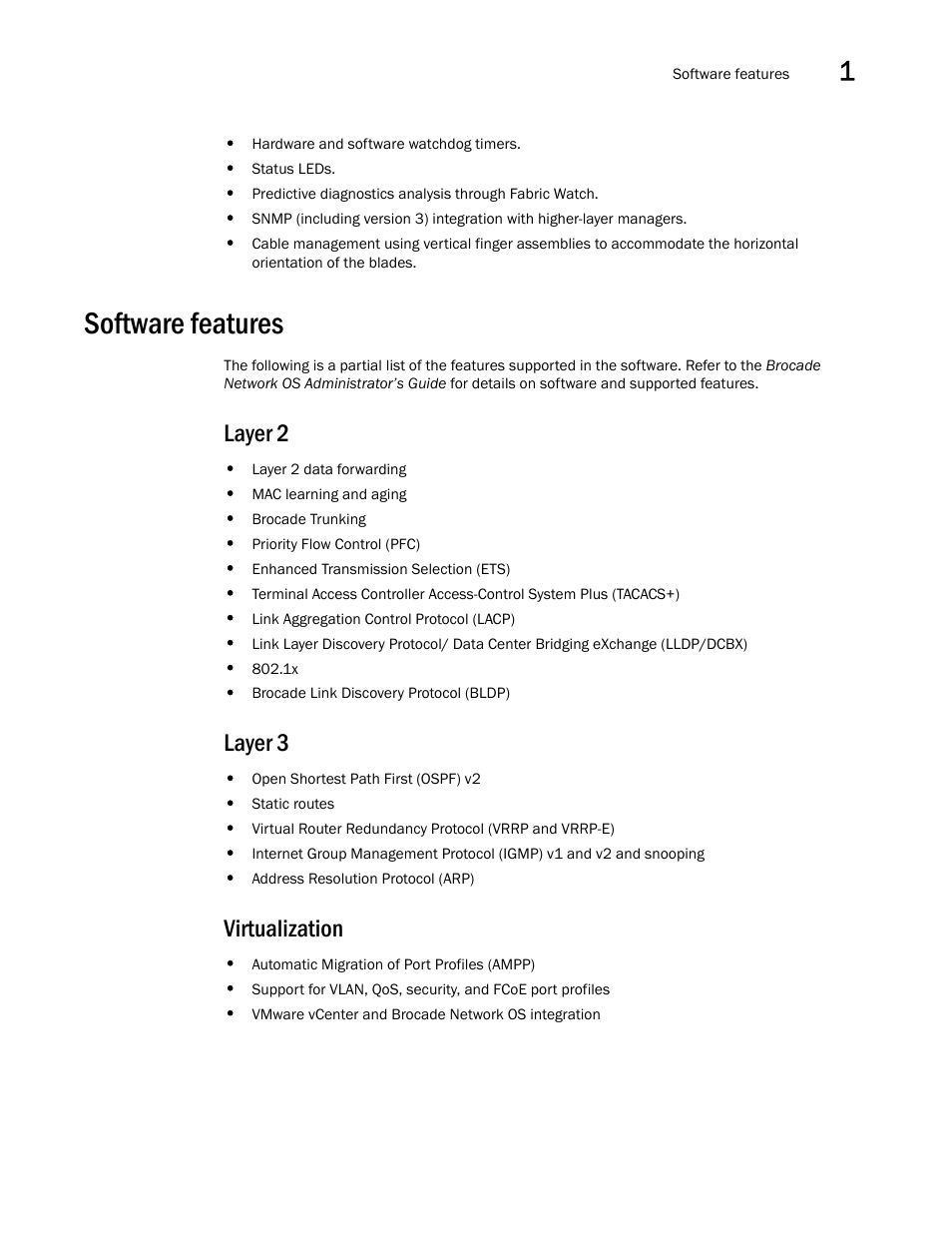 Software features, Layer 2, Layer 3 | Virtualization, Layer 2 layer 3 virtualization | Brocade VDX 8770-4 Hardware Reference Manual User Manual | Page 29 / 132
