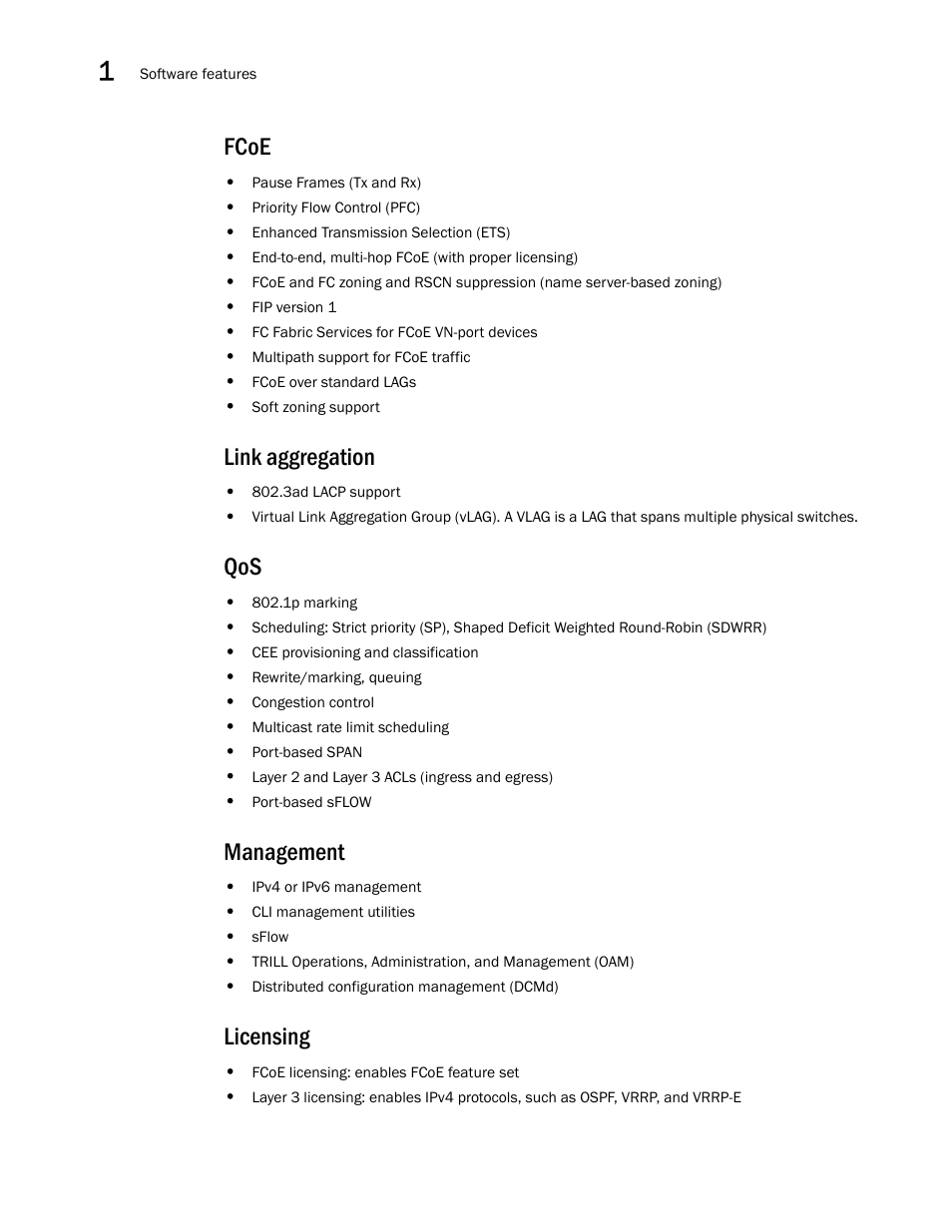 Fcoe, Link aggregation, Management | Licensing, Link aggregration | Brocade VDX 8770-4 Hardware Reference Manual User Manual | Page 30 / 132