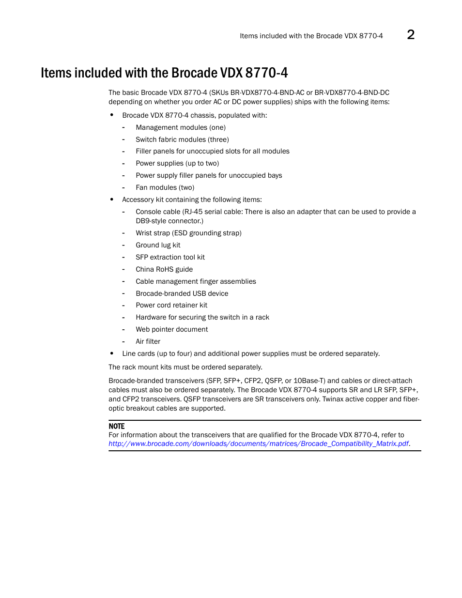 Items included with the brocade vdx 8770-4 | Brocade VDX 8770-4 Hardware Reference Manual User Manual | Page 35 / 132