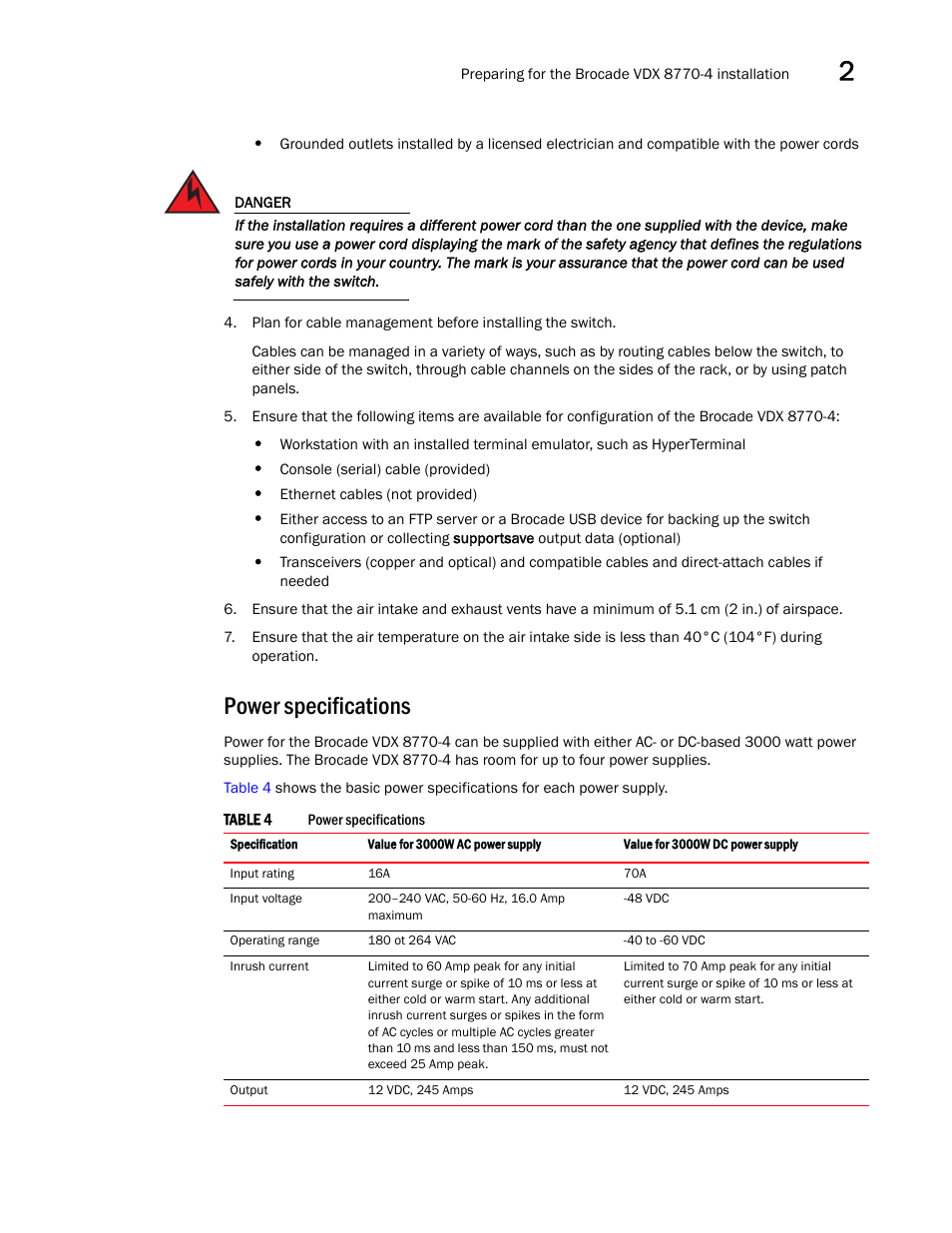 Power specifications, Table 4 | Brocade VDX 8770-4 Hardware Reference Manual User Manual | Page 37 / 132