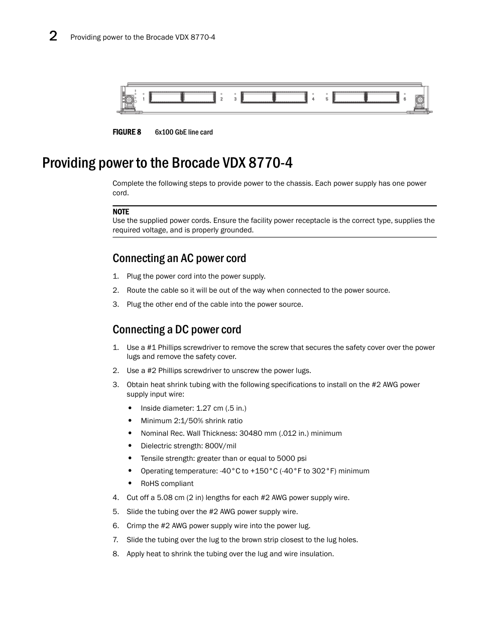 Providing power to the brocade vdx 8770-4, Connecting an ac power cord, Connecting a dc power cord | Figure 8 | Brocade VDX 8770-4 Hardware Reference Manual User Manual | Page 42 / 132