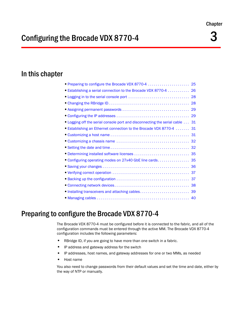 Configuring the brocade vdx 8770-4, Preparing to configure the brocade vdx 8770-4, Chapter 3 | Chapter 3, “configuring the brocade vdx 8770-4 | Brocade VDX 8770-4 Hardware Reference Manual User Manual | Page 45 / 132