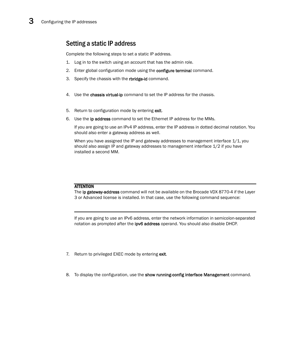 Setting a static ip address | Brocade VDX 8770-4 Hardware Reference Manual User Manual | Page 50 / 132