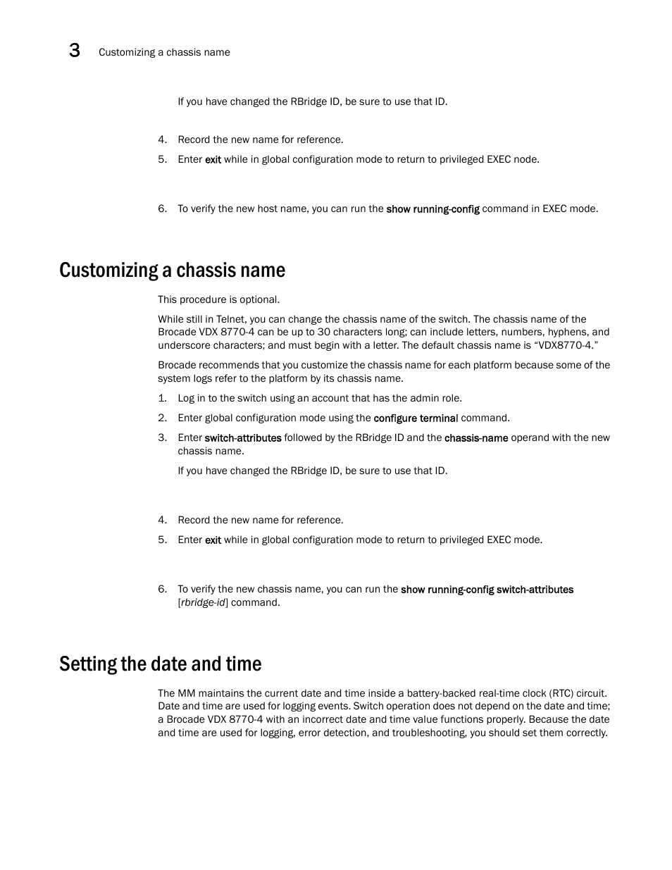 Customizing a chassis name, Setting the date and time | Brocade VDX 8770-4 Hardware Reference Manual User Manual | Page 52 / 132