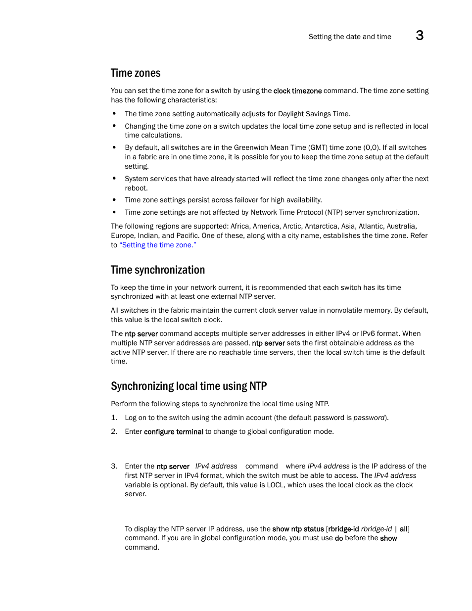 Time zones, Time synchronization, Synchronizing local time using ntp | Brocade VDX 8770-4 Hardware Reference Manual User Manual | Page 53 / 132