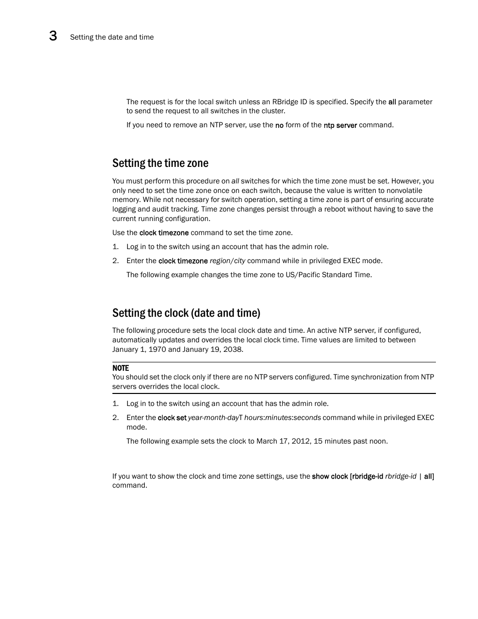 Setting the time zone, Setting the clock (date and time) | Brocade VDX 8770-4 Hardware Reference Manual User Manual | Page 54 / 132