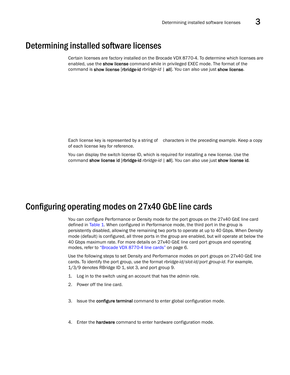 Determining installed software licenses, Configuring, Operating modes on 27x40 gbe line cards | Brocade VDX 8770-4 Hardware Reference Manual User Manual | Page 55 / 132