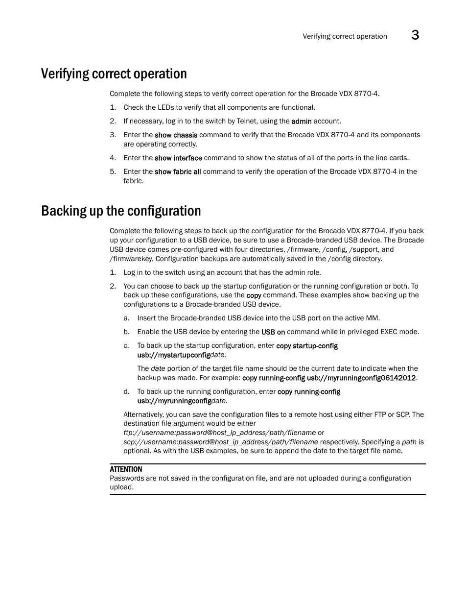 Verifying correct operation, Backing up the configuration | Brocade VDX 8770-4 Hardware Reference Manual User Manual | Page 57 / 132