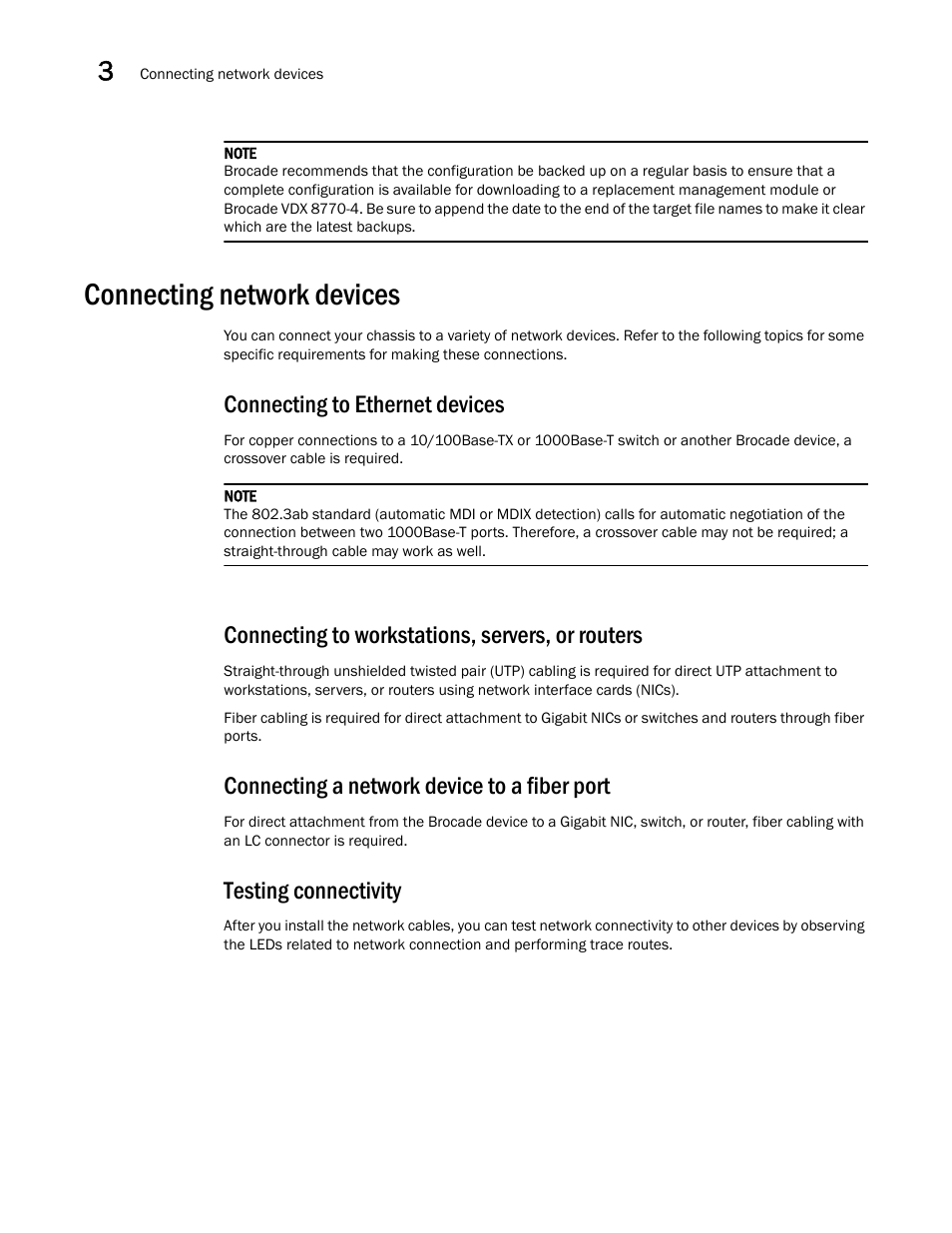 Connecting network devices, Connecting to ethernet devices, Connecting to workstations, servers, or routers | Connecting a network device to a fiber port, Testing connectivity | Brocade VDX 8770-4 Hardware Reference Manual User Manual | Page 58 / 132