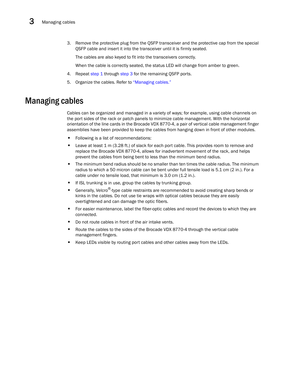 Managing cables | Brocade VDX 8770-4 Hardware Reference Manual User Manual | Page 60 / 132