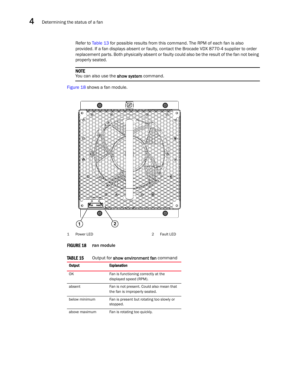 Figure 18, Fan module, Table 15 | Brocade VDX 8770-4 Hardware Reference Manual User Manual | Page 74 / 132