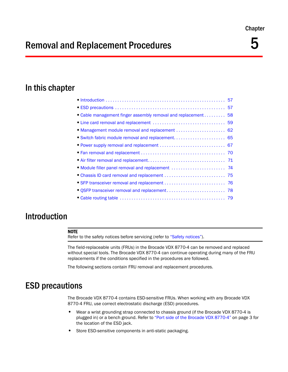 Removal and replacement procedures, Introduction, Esd precautions | Chapter 5, Chapter 5, “removal and replacement procedures | Brocade VDX 8770-4 Hardware Reference Manual User Manual | Page 77 / 132