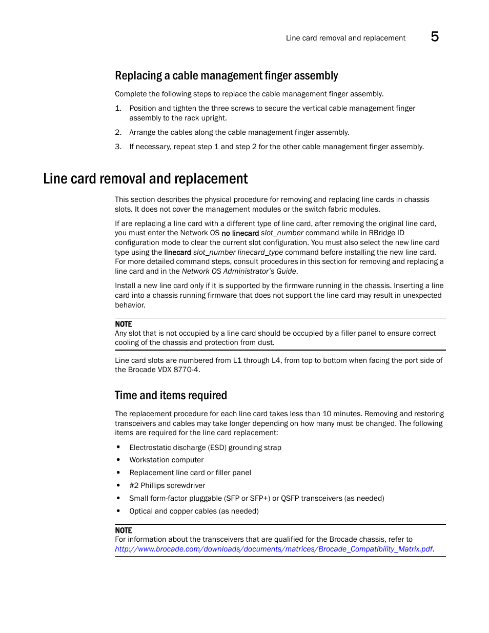 Replacing a cable management finger assembly, Line card removal and replacement, Time and items required | Brocade VDX 8770-4 Hardware Reference Manual User Manual | Page 79 / 132