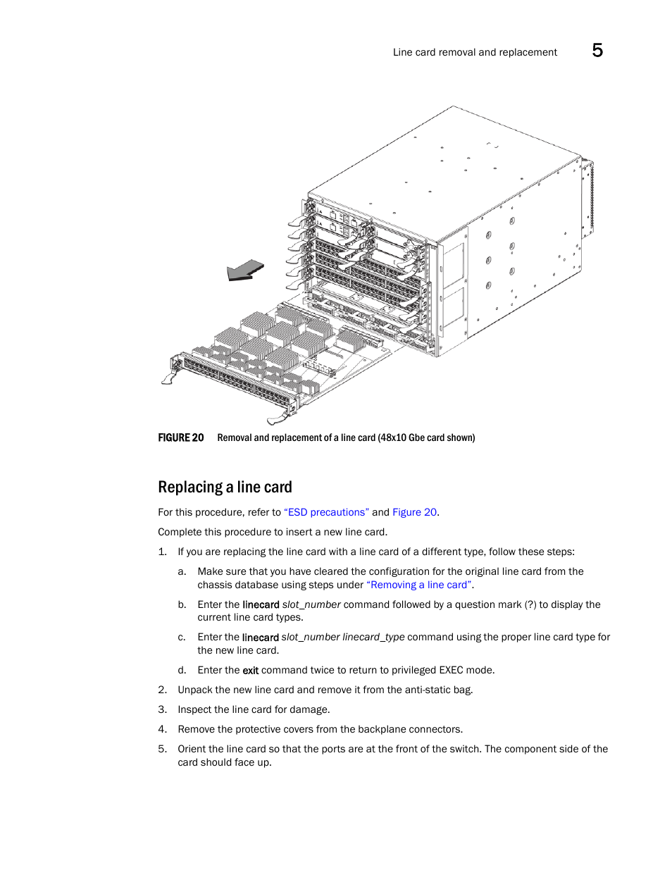 Replacing a line card, Figure 20, Removal and replace | Brocade VDX 8770-4 Hardware Reference Manual User Manual | Page 81 / 132