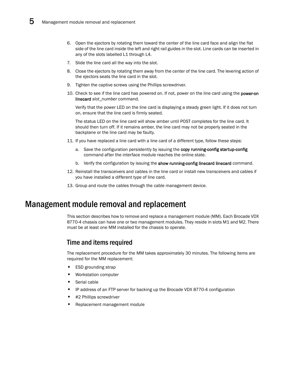 Management module removal and replacement, Time and items required | Brocade VDX 8770-4 Hardware Reference Manual User Manual | Page 82 / 132
