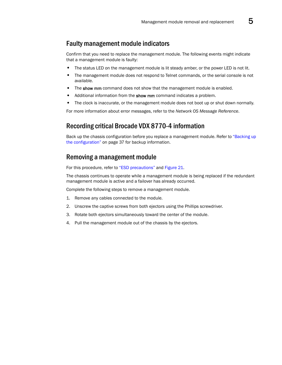 Faulty management module indicators, Recording critical brocade vdx 8770-4 information, Removing a management module | Brocade VDX 8770-4 Hardware Reference Manual User Manual | Page 83 / 132