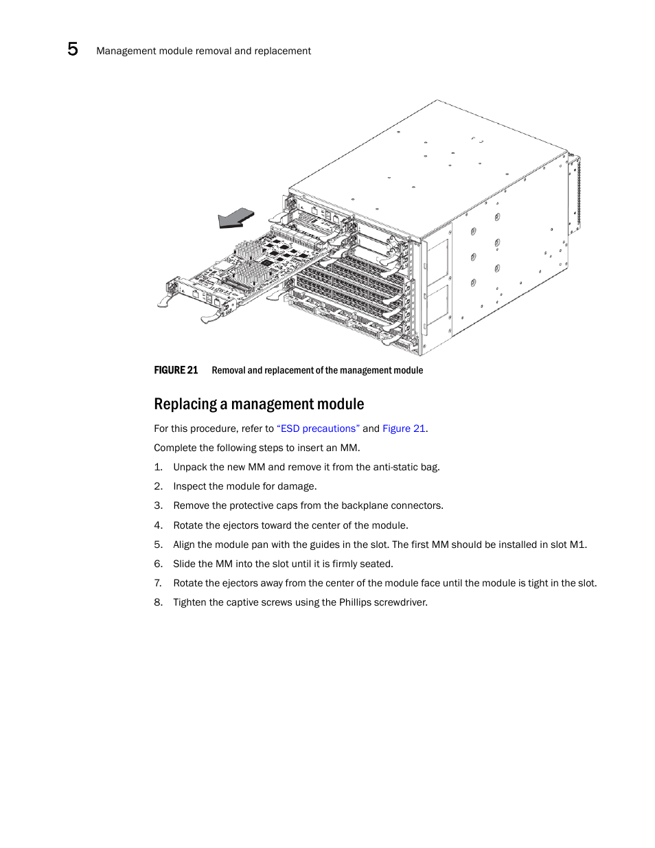 Replacing a management module, Figure 21, Removal and replace | Brocade VDX 8770-4 Hardware Reference Manual User Manual | Page 84 / 132