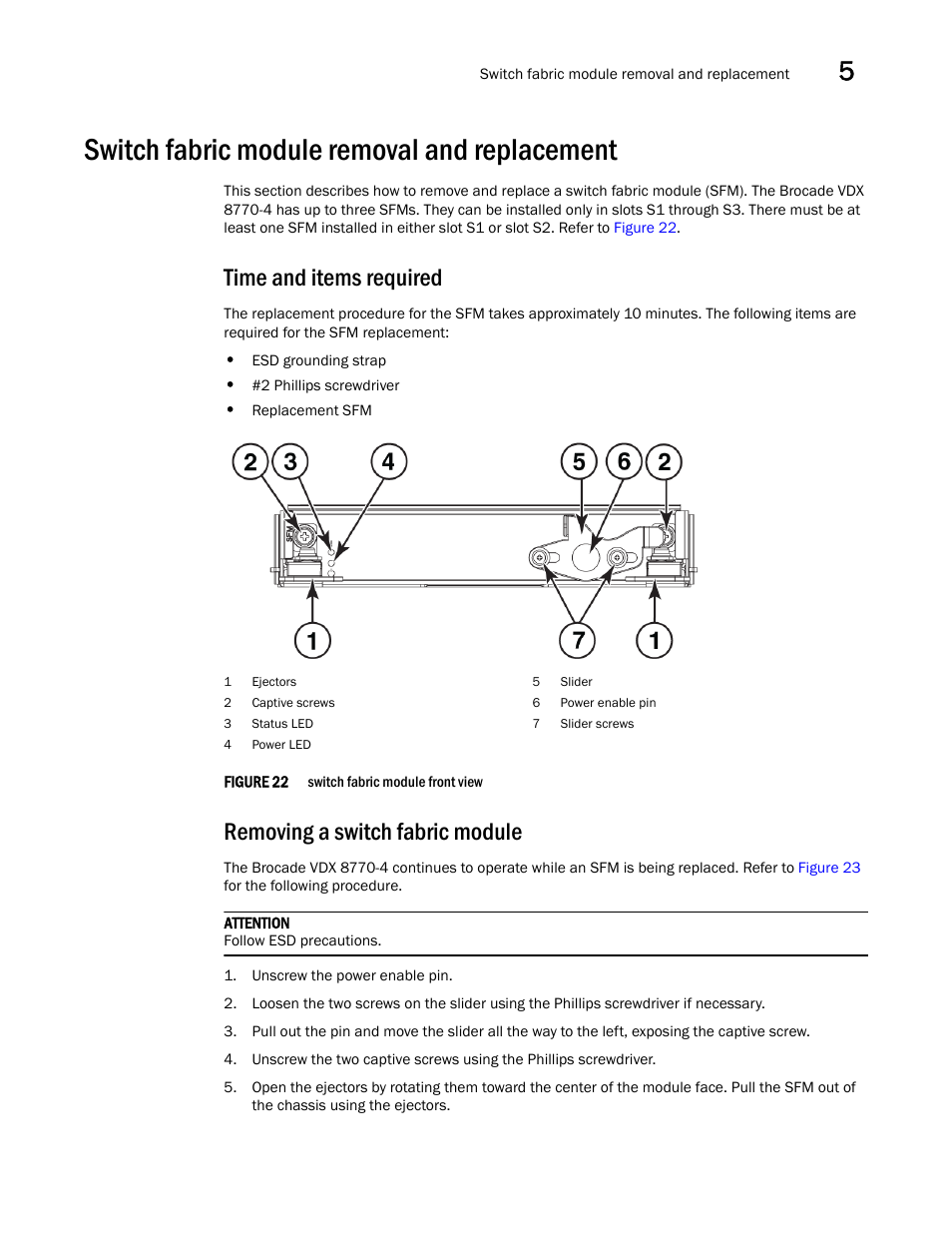 Switch fabric module removal and replacement, Time and items required, Removing a switch fabric module | Figure 22, Switch | Brocade VDX 8770-4 Hardware Reference Manual User Manual | Page 85 / 132