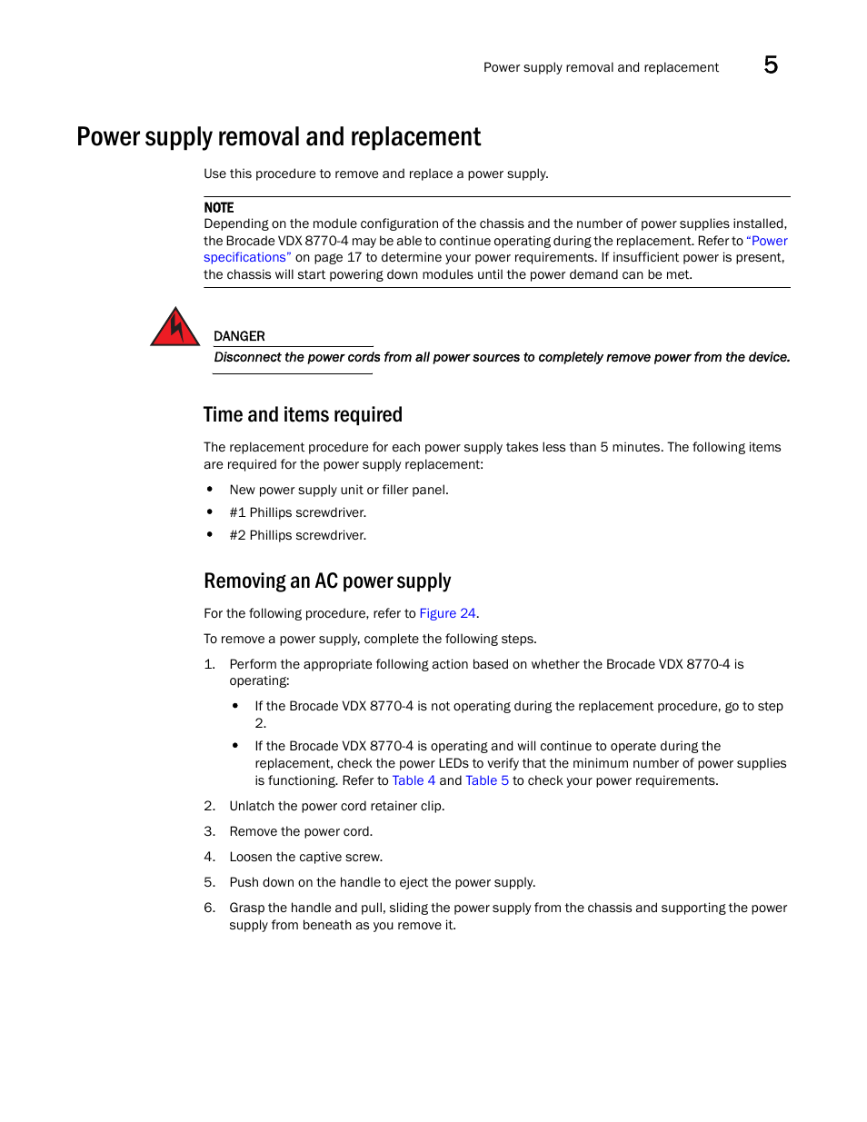 Power supply removal and replacement, Time and items required, Removing an ac power supply | Brocade VDX 8770-4 Hardware Reference Manual User Manual | Page 87 / 132