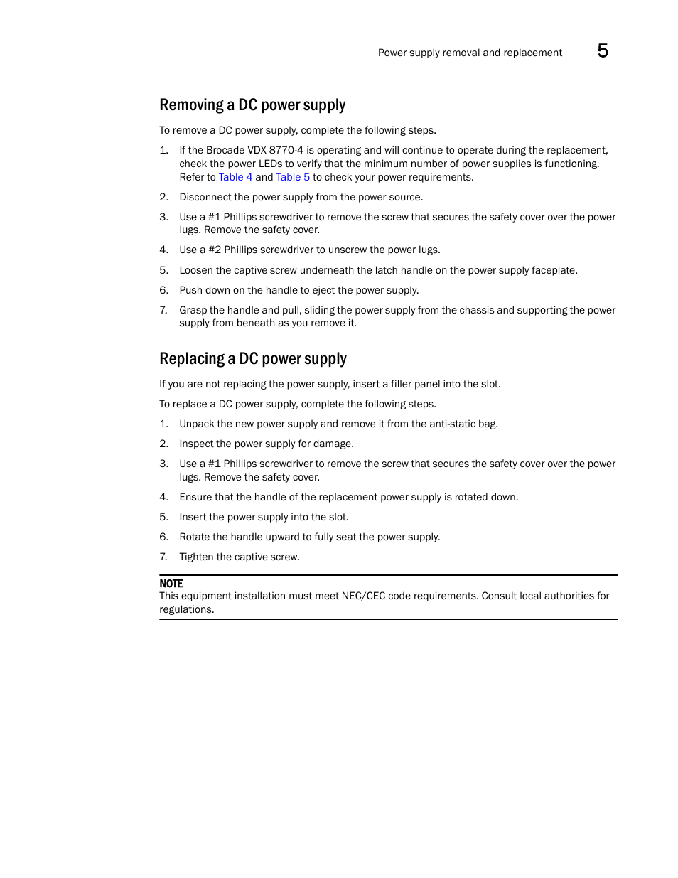 Removing a dc power supply, Replacing a dc power supply | Brocade VDX 8770-4 Hardware Reference Manual User Manual | Page 89 / 132