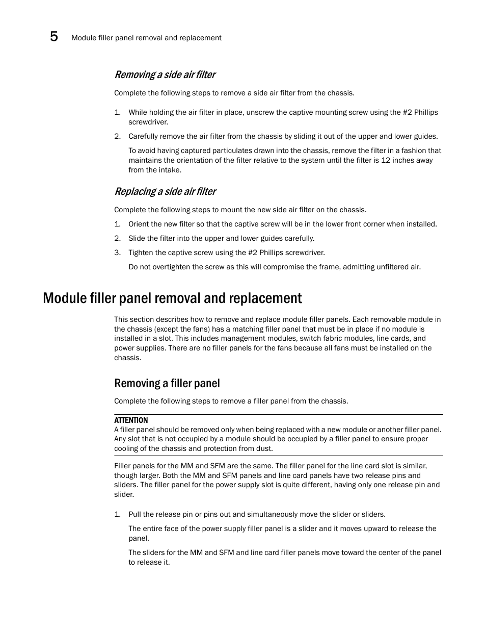 Module filler panel removal and replacement, Removing a filler panel, Removing a side air filter | Replacing a side air filter | Brocade VDX 8770-4 Hardware Reference Manual User Manual | Page 94 / 132
