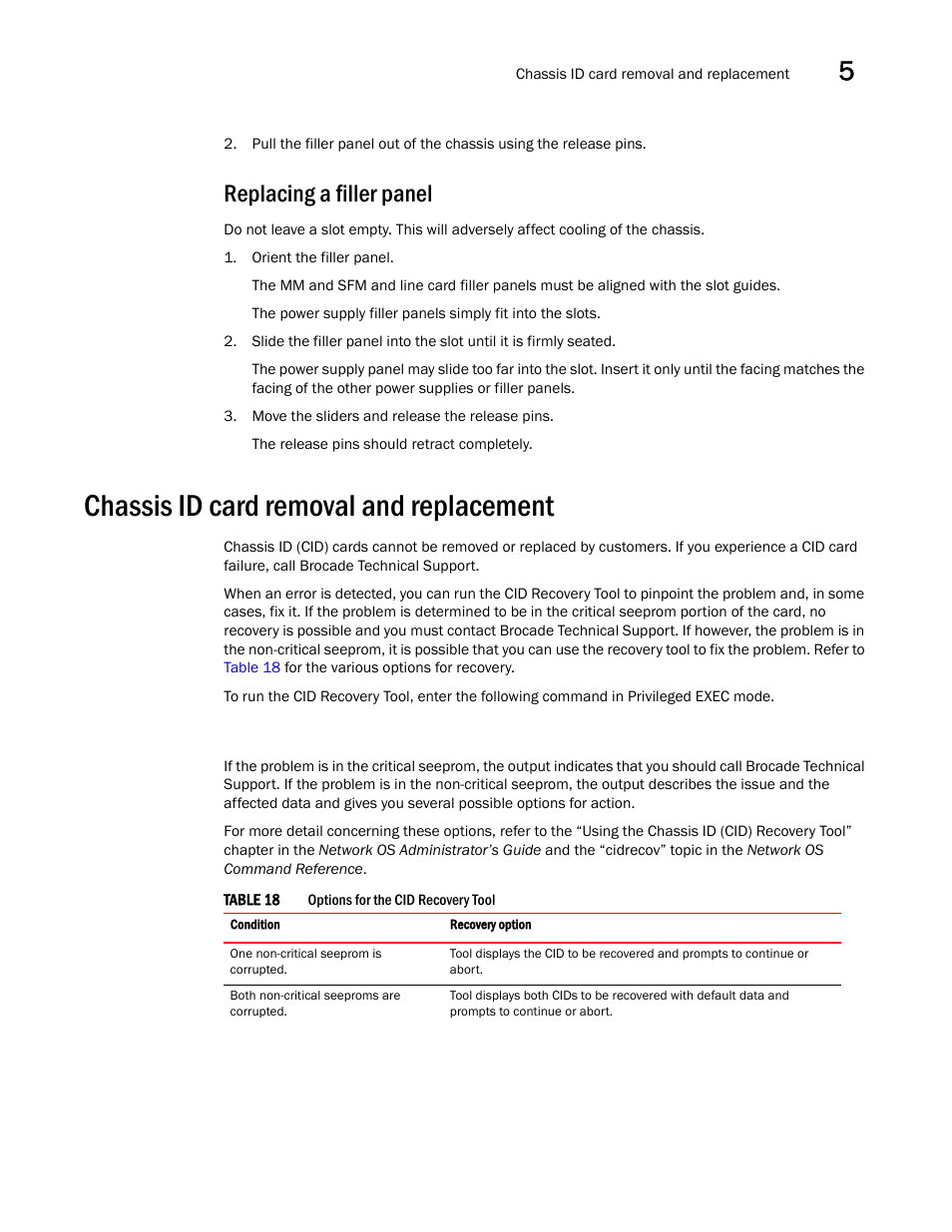 Replacing a filler panel, Chassis id card removal and replacement, Table 18 | Brocade VDX 8770-4 Hardware Reference Manual User Manual | Page 95 / 132