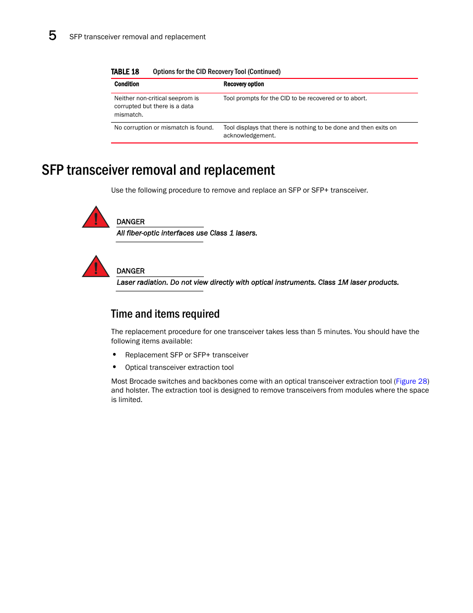 Sfp transceiver removal and replacement, Time and items required | Brocade VDX 8770-4 Hardware Reference Manual User Manual | Page 96 / 132