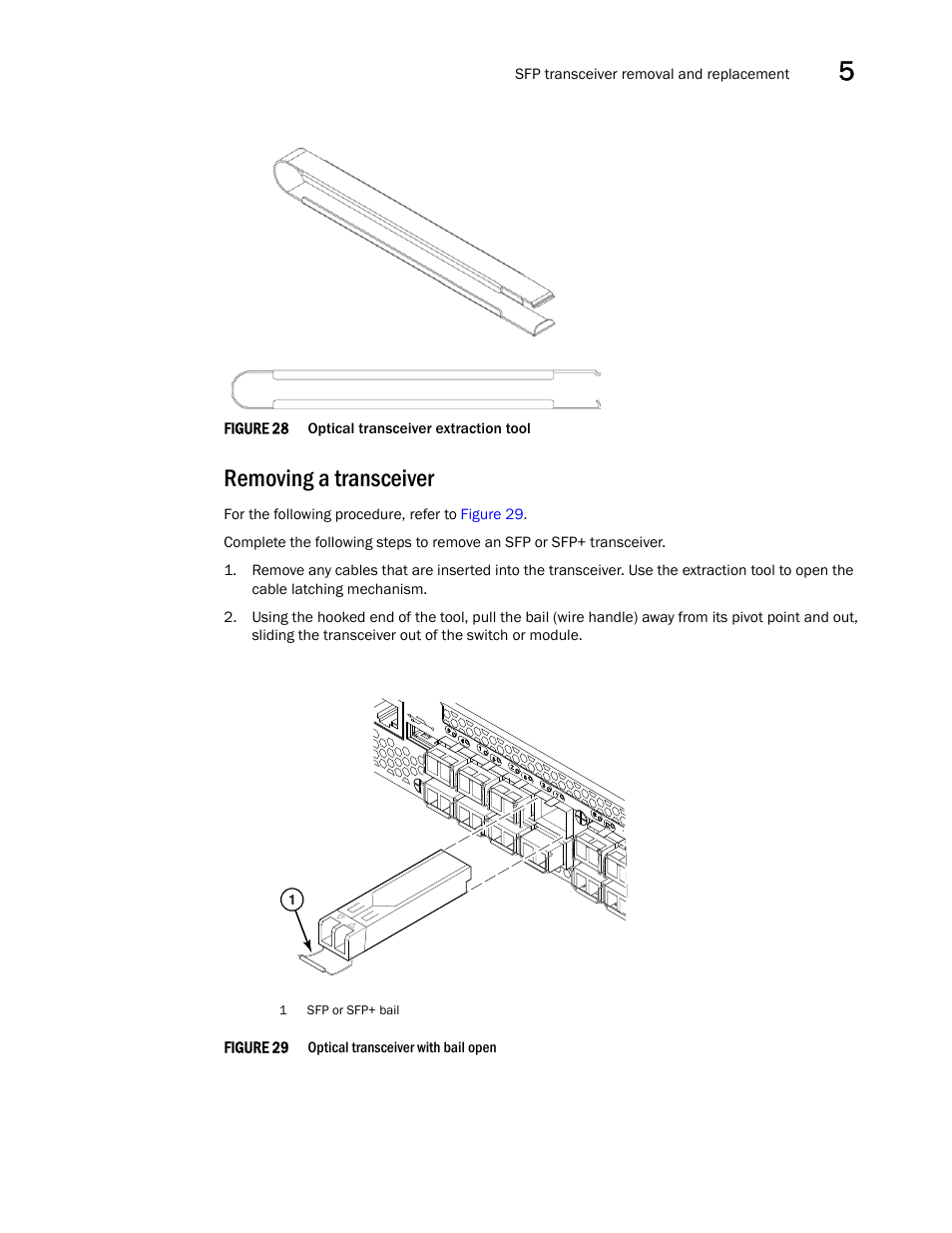 Removing a transceiver, Figure 28, Figure 29 | Optical transceive | Brocade VDX 8770-4 Hardware Reference Manual User Manual | Page 97 / 132