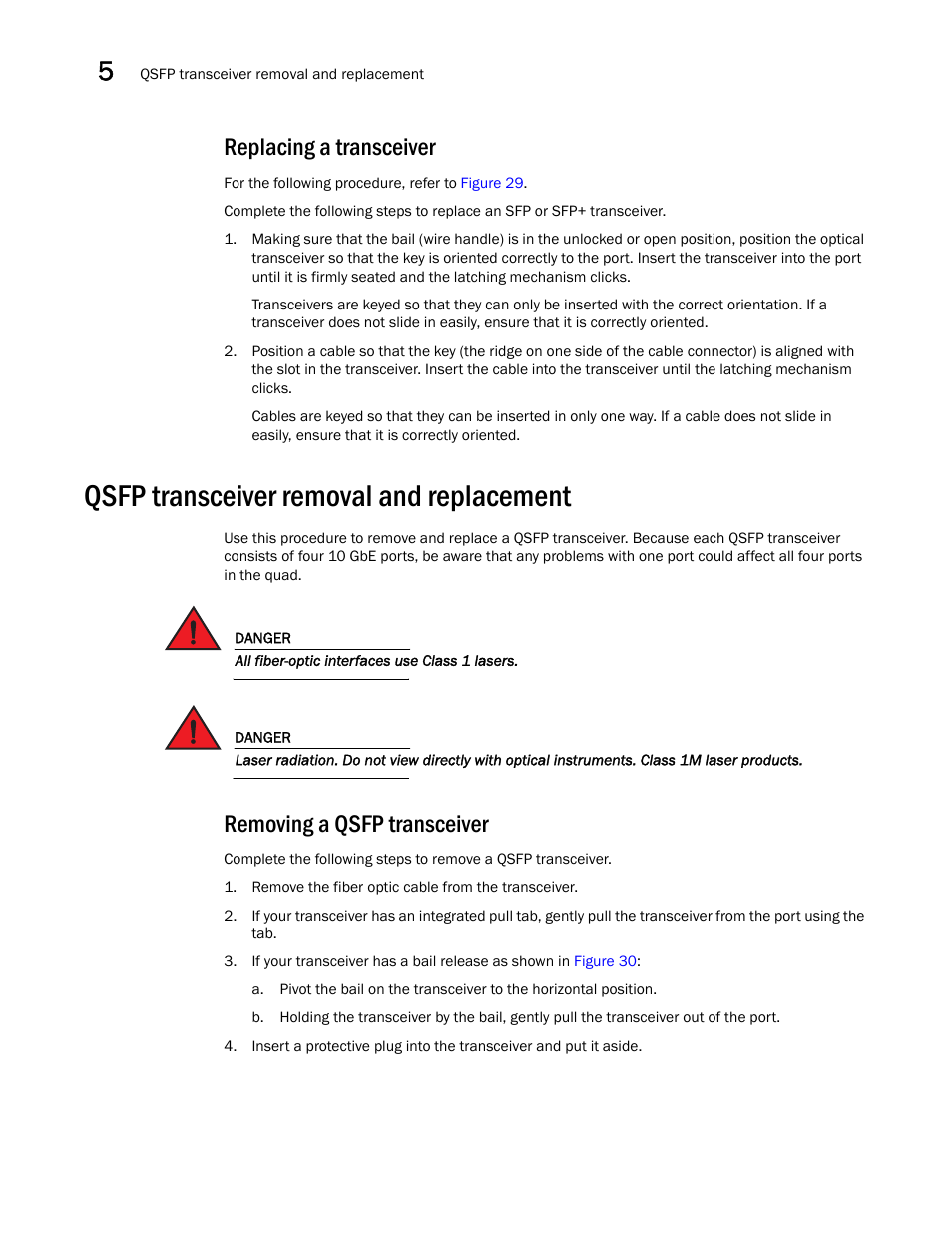 Replacing a transceiver, Qsfp transceiver removal and replacement, Removing a qsfp transceiver | Brocade VDX 8770-4 Hardware Reference Manual User Manual | Page 98 / 132