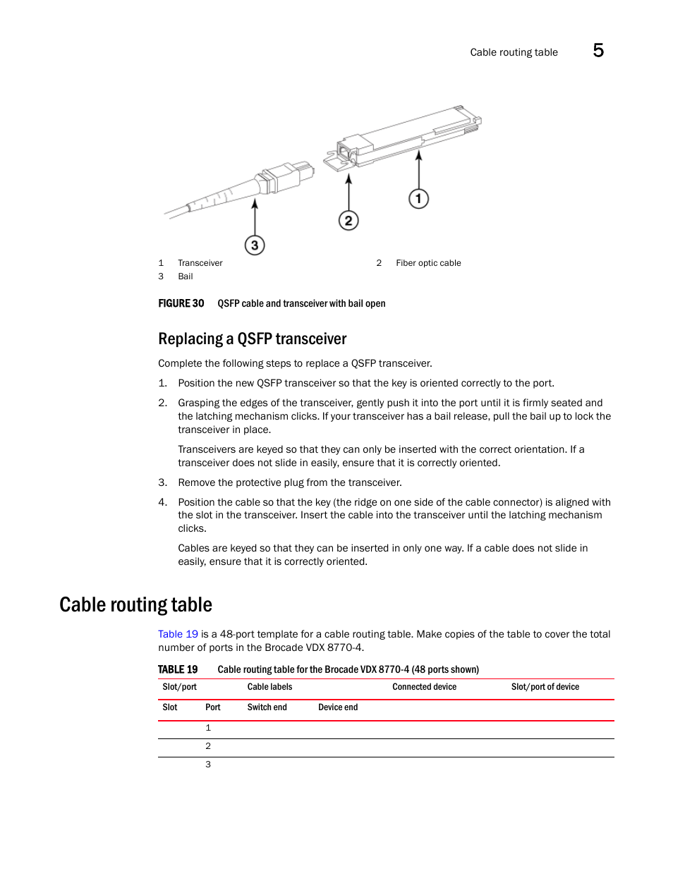 Replacing a qsfp transceiver, Cable routing table, Figure 30 | Table 19, Cable, Routing table, N in | Brocade VDX 8770-4 Hardware Reference Manual User Manual | Page 99 / 132
