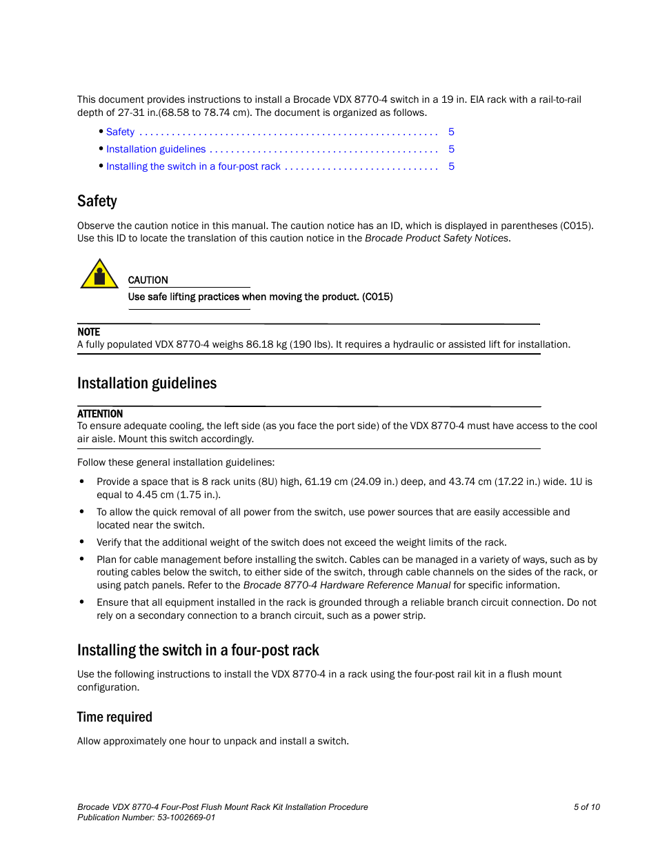Safety, Installation guidelines, Installing the switch in a four-post rack | Time required | Brocade VDX 8770-4 Four-Post Flush Mount Rack Kit Installation Procedure User Manual | Page 3 / 8