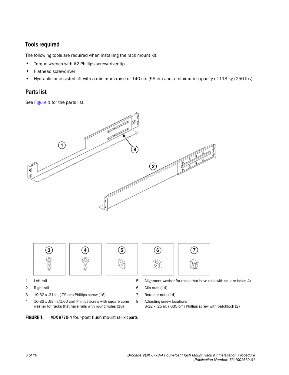 Tools required, Parts list | Brocade VDX 8770-4 Four-Post Flush Mount Rack Kit Installation Procedure User Manual | Page 4 / 8