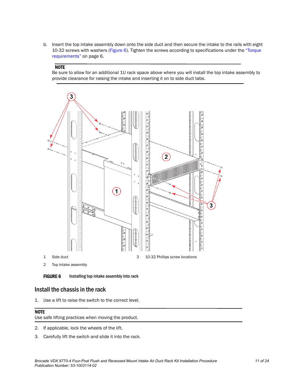 Install the chassis in the rack | Brocade VDX 8770-4 Four-Post Flush and Recessed Mount Intake Air Duct Rack Kit Installation Procedure User Manual | Page 11 / 24