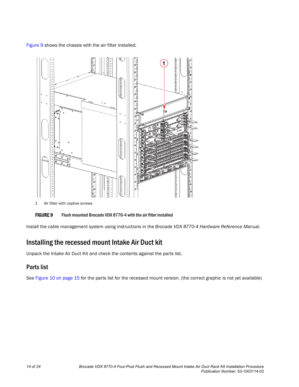 Installing the recessed mount intake air duct kit, Parts list | Brocade VDX 8770-4 Four-Post Flush and Recessed Mount Intake Air Duct Rack Kit Installation Procedure User Manual | Page 14 / 24