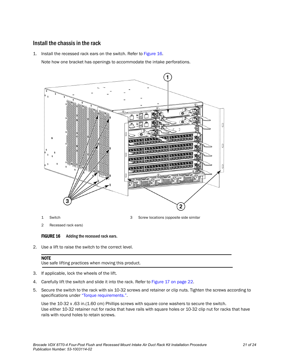 Install the chassis in the rack | Brocade VDX 8770-4 Four-Post Flush and Recessed Mount Intake Air Duct Rack Kit Installation Procedure User Manual | Page 21 / 24