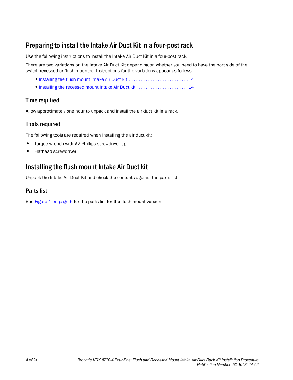 Time required, Tools required, Installing the flush mount intake air duct kit | Parts list | Brocade VDX 8770-4 Four-Post Flush and Recessed Mount Intake Air Duct Rack Kit Installation Procedure User Manual | Page 4 / 24