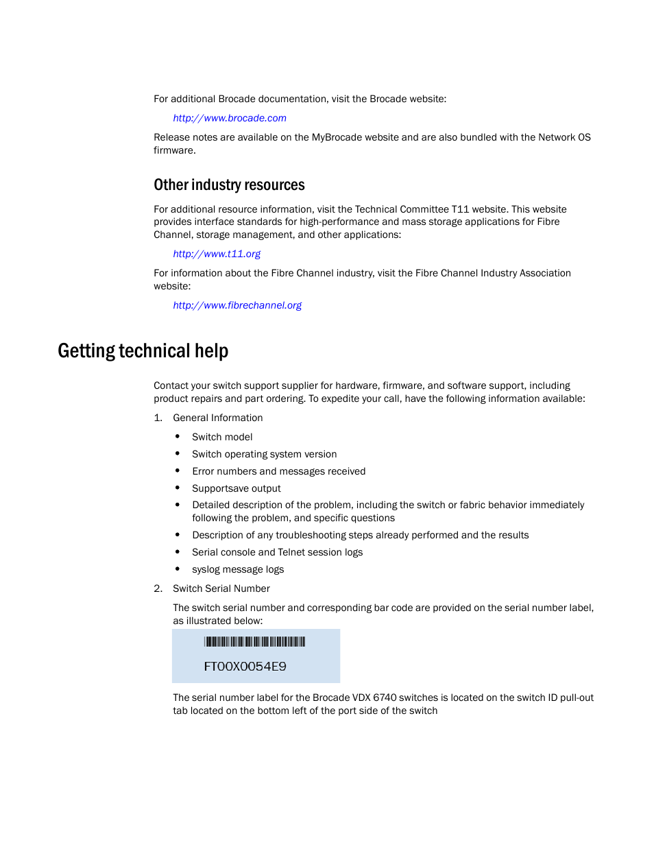 Getting technical help, Other industry resources | Brocade VDX 6740 Hardware Reference Manual (Supporting VDX 6740, VDX 6740T, and VDX 6740T-1G) User Manual | Page 10 / 78