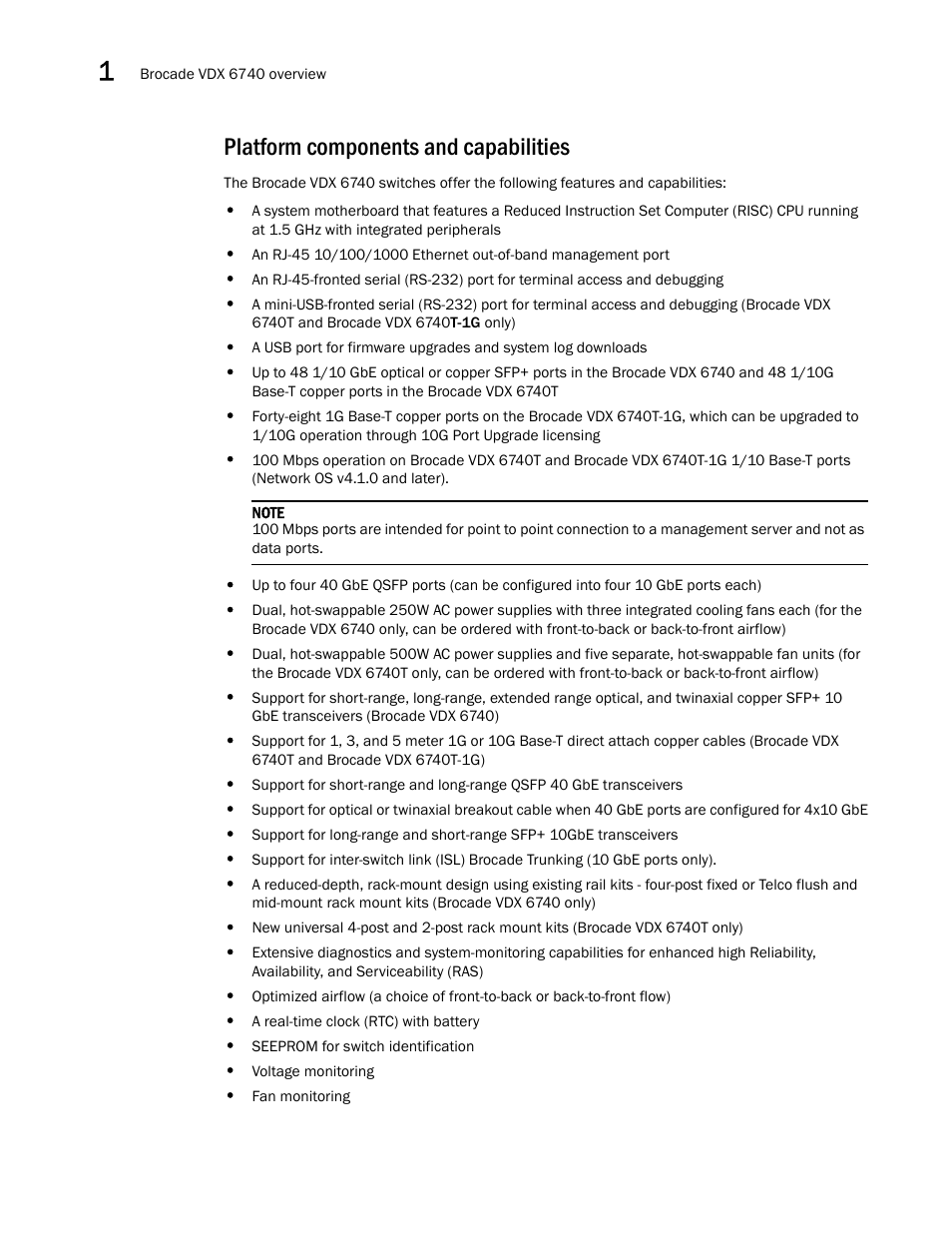 Platform components and capabilities | Brocade VDX 6740 Hardware Reference Manual (Supporting VDX 6740, VDX 6740T, and VDX 6740T-1G) User Manual | Page 14 / 78