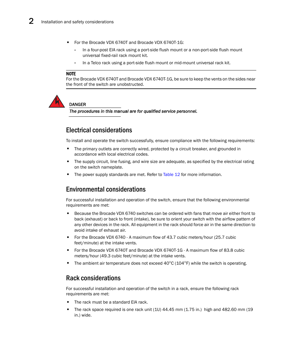 Electrical considerations, Environmental considerations, Rack considerations | Brocade VDX 6740 Hardware Reference Manual (Supporting VDX 6740, VDX 6740T, and VDX 6740T-1G) User Manual | Page 20 / 78