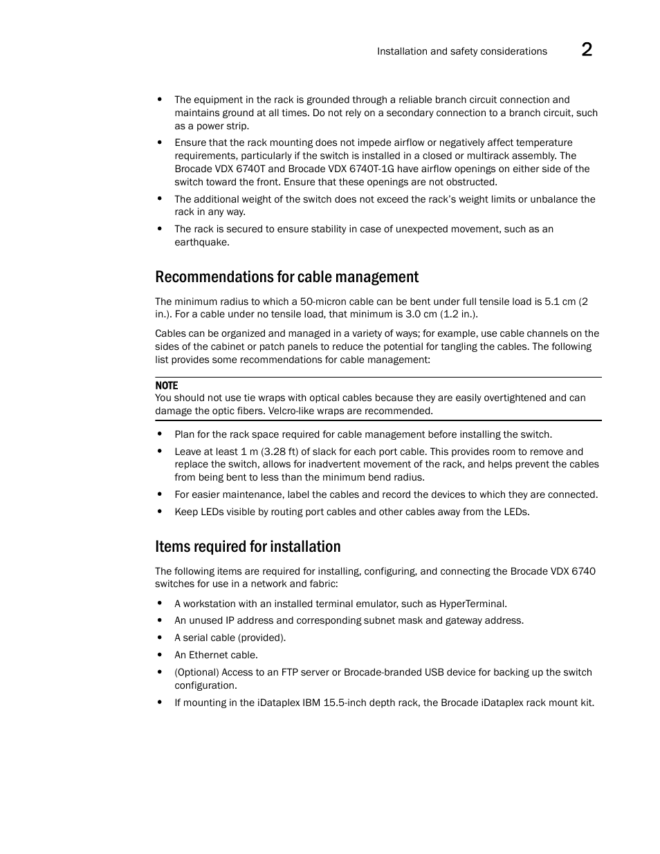 Recommendations for cable management, Items required for installation | Brocade VDX 6740 Hardware Reference Manual (Supporting VDX 6740, VDX 6740T, and VDX 6740T-1G) User Manual | Page 21 / 78