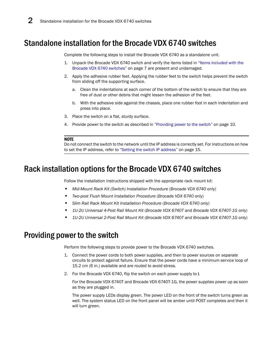 Providing power to the switch | Brocade VDX 6740 Hardware Reference Manual (Supporting VDX 6740, VDX 6740T, and VDX 6740T-1G) User Manual | Page 22 / 78