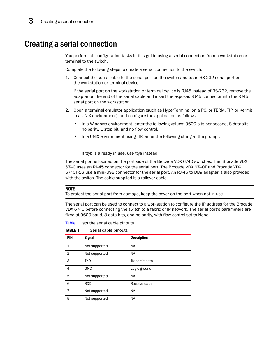 Creating a serial connection | Brocade VDX 6740 Hardware Reference Manual (Supporting VDX 6740, VDX 6740T, and VDX 6740T-1G) User Manual | Page 26 / 78