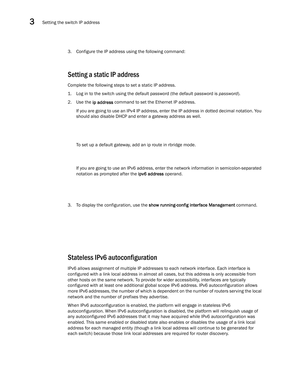 Setting a static ip address, Stateless ipv6 autoconfiguration | Brocade VDX 6740 Hardware Reference Manual (Supporting VDX 6740, VDX 6740T, and VDX 6740T-1G) User Manual | Page 28 / 78